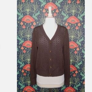 St. John Knits Collection Chocolate Brown Pointelle Cardigan Sweater M